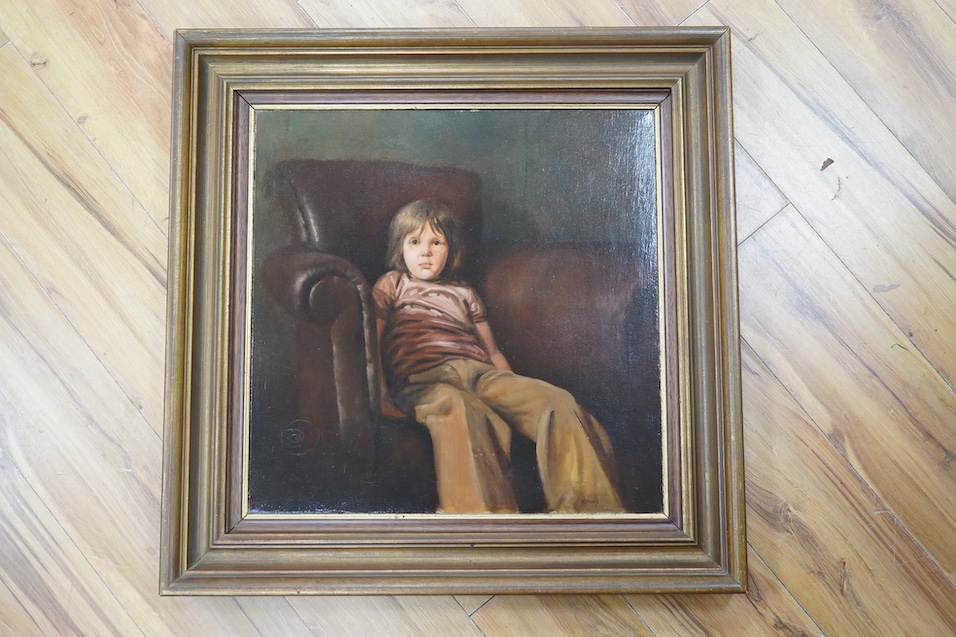 Ken Moroney (1949-2018), oil on canvas, Study of a seated child, signed, 50 x 50cm. Condition - fair to good, some craquelure